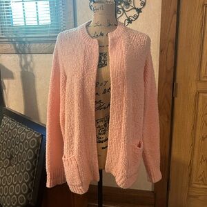 Vintage James St. John pink knit cardigan sweater with pockets. Size XL